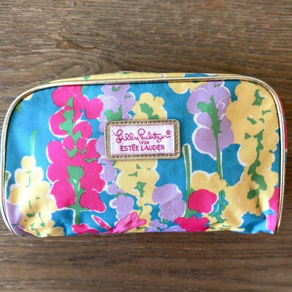 NEW Lilly Pulitzer for Estée Lauder Cosmetic Make-up Bag-Floral-Gold Trim-Sz Sml